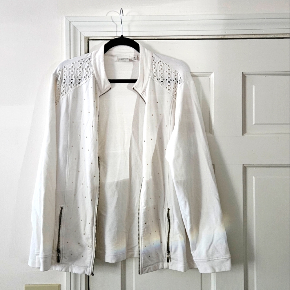 Chico's White casual cardigan with Eyelet Detail
